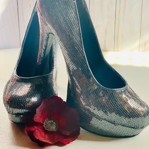 Sequin pewter platform heels